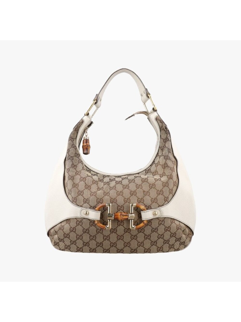 Gucci Horsebit White Beige Canvas Leather Shoulder Bag